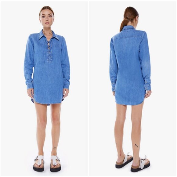 💕MOTHER💕 The Lace Up Shirt Dress ~ Salt And Lime Blue Denim Large L NWOT - Picture 2 of 16
